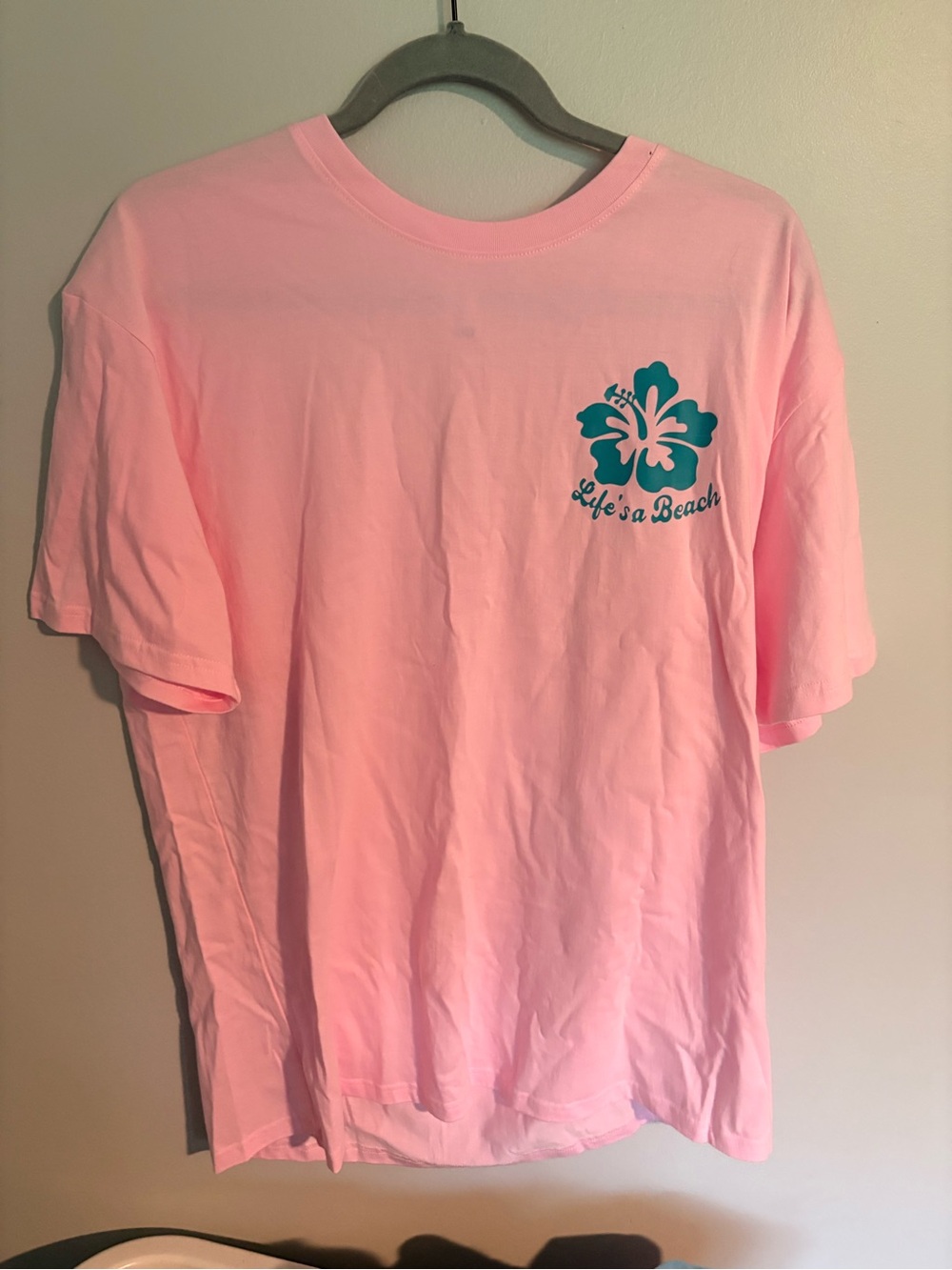 Caribbean Pink Tee with Teal Hibiscus Graphic